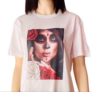 White Short Sleeve Graphic Day of Dead Sugar Skulls Girl Graphic Tee NEW